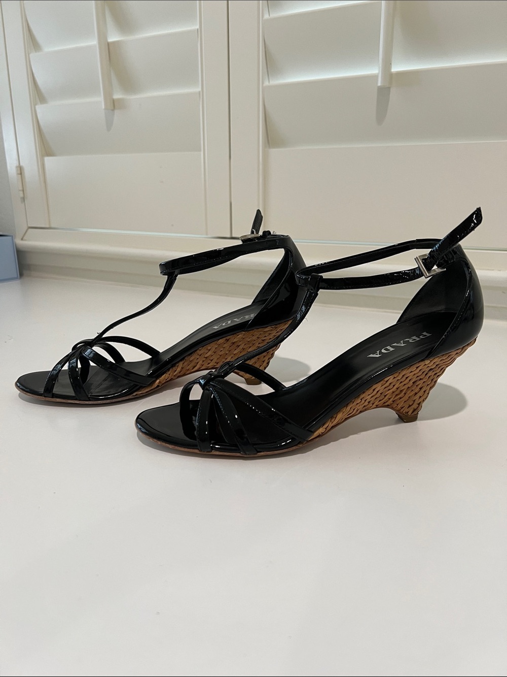 Prada Black Patent Leather Strappy Ankle-Heel Sandals - Picture 2 of 5